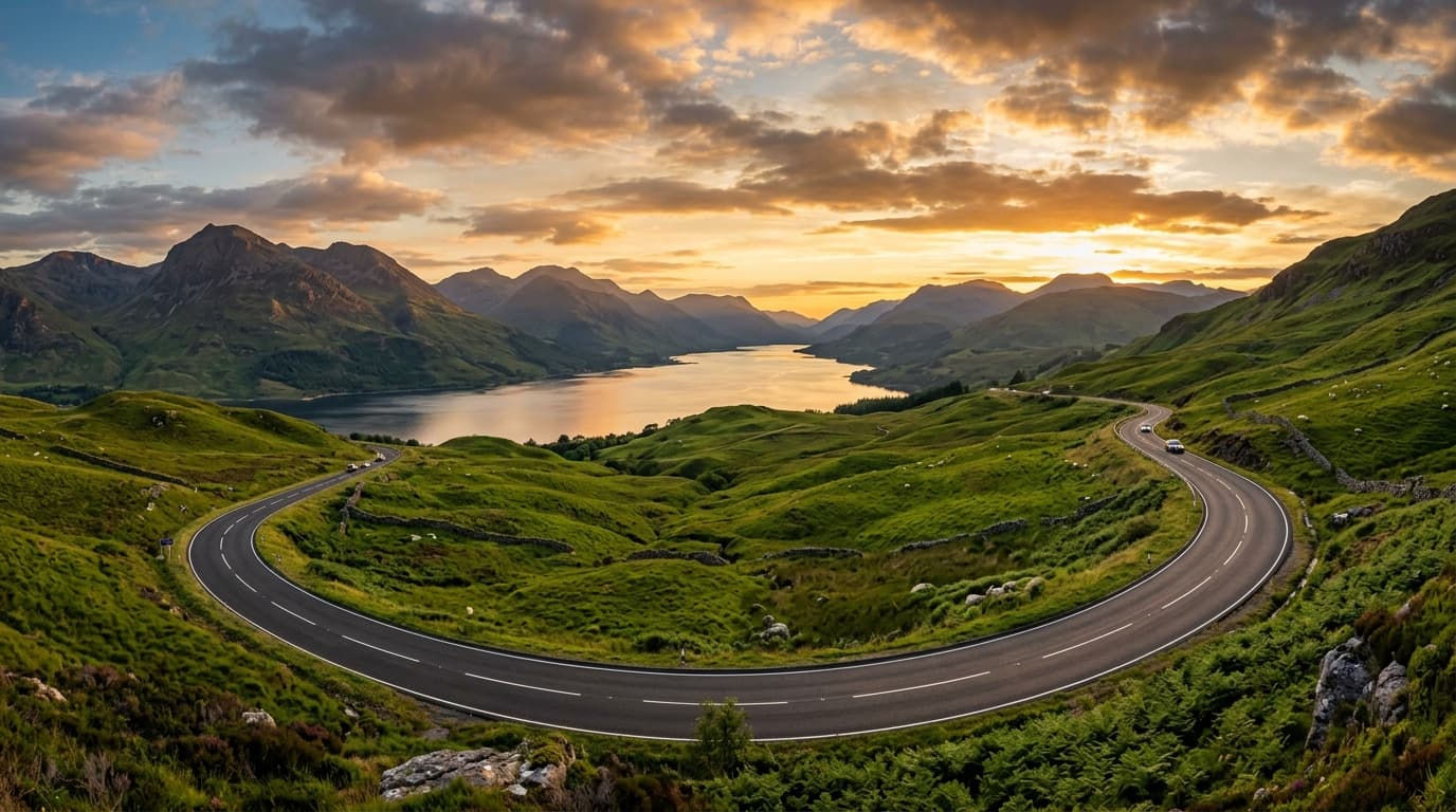 Scenic UK mountain road overlooking lake sunset